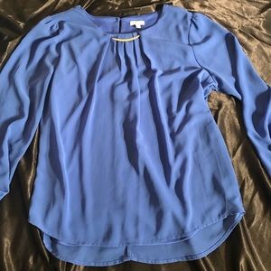 Long sleeve blue blouse with gold neck piece
